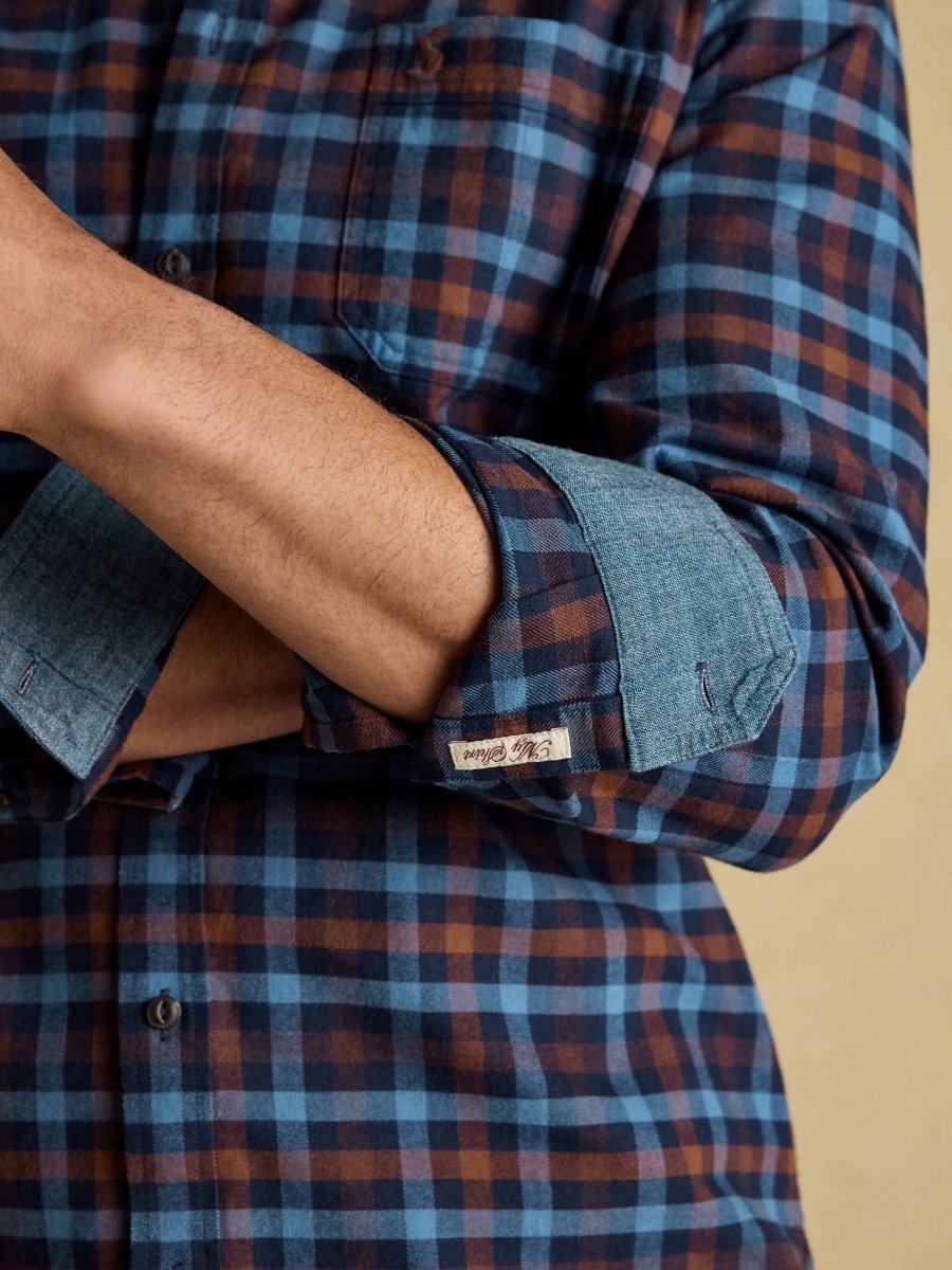 Brushed Flannel Brown & Navy Check Cotton Shirt - RUTHERFORD & Co