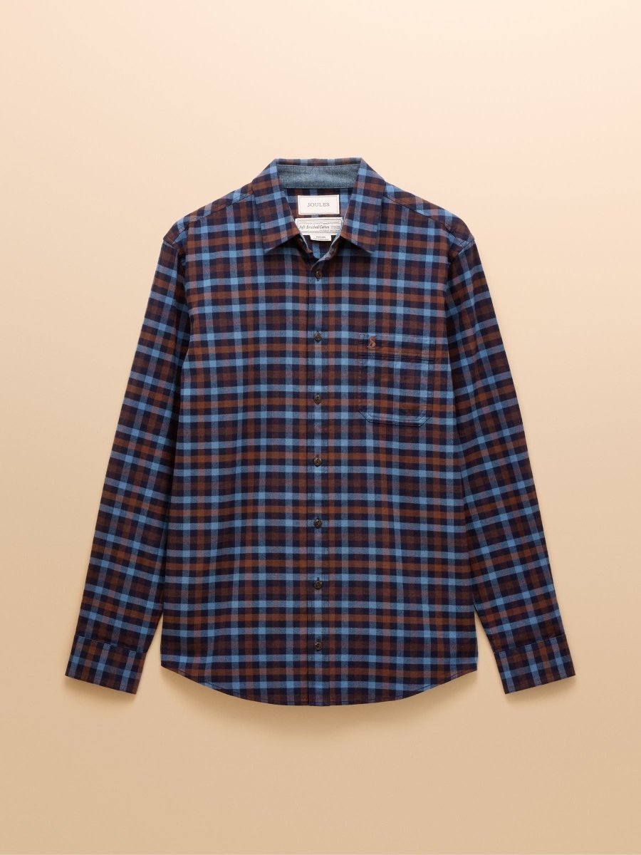 Brushed Flannel Brown & Navy Check Cotton Shirt - RUTHERFORD & Co