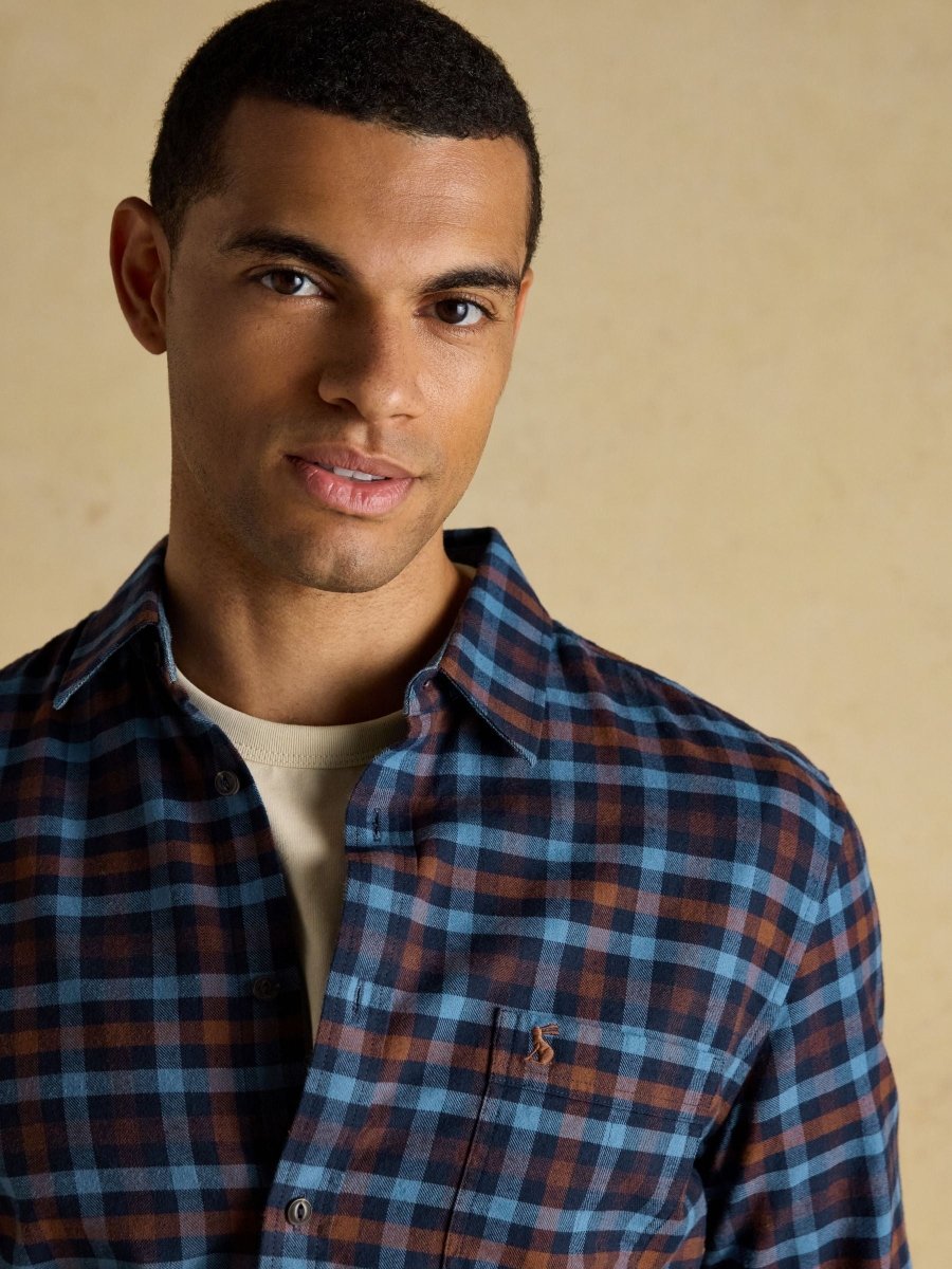 Brushed Flannel Brown & Navy Check Cotton Shirt - RUTHERFORD & Co