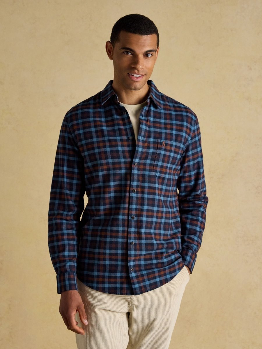 Brushed Flannel Brown & Navy Check Cotton Shirt - RUTHERFORD & Co