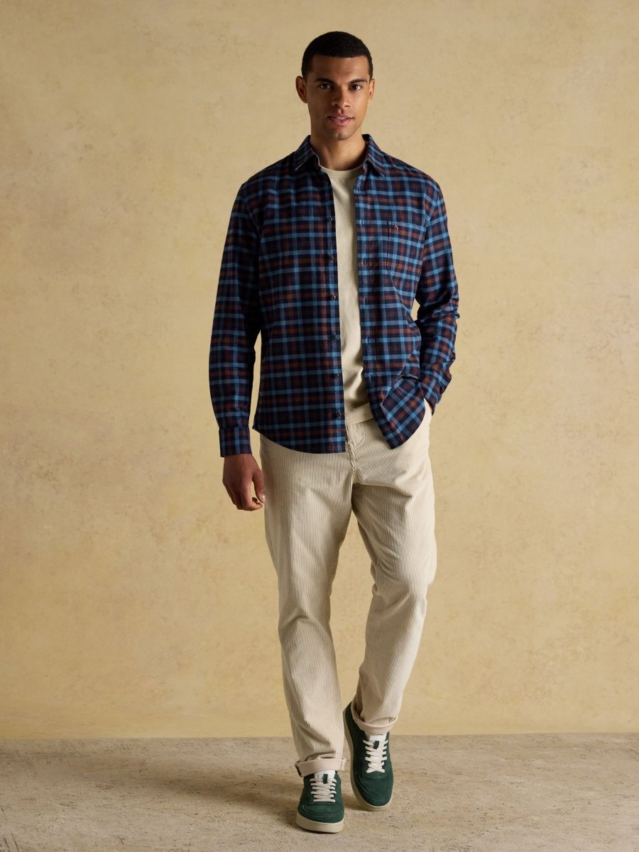 Brushed Flannel Brown & Navy Check Cotton Shirt - RUTHERFORD & Co