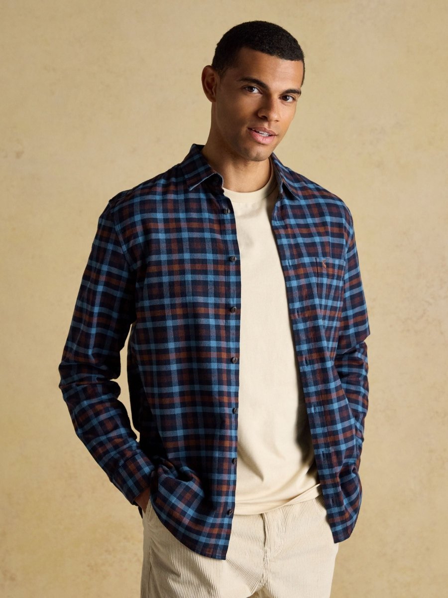 Brushed Flannel Brown & Navy Check Cotton Shirt - RUTHERFORD & Co