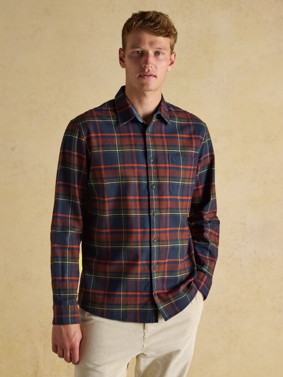 Brushed Flannel Navy Check Cotton Shirt - RUTHERFORD & Co