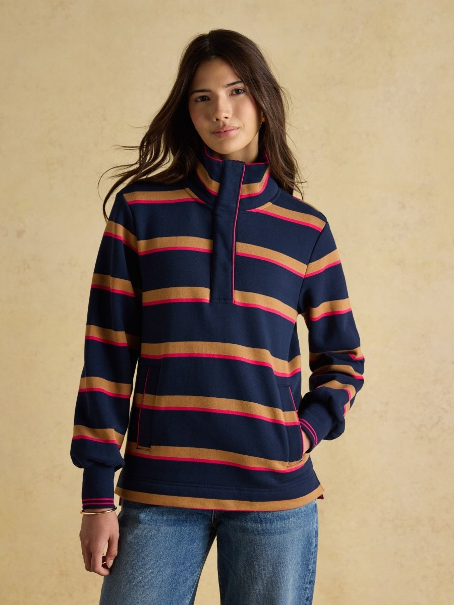 Burnham Navy/Tan Stripe Cotton Funnel Neck Quarter Zip Sweatshirt - RUTHERFORD & Co