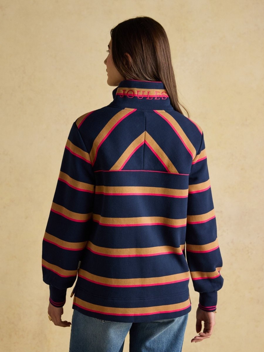 Burnham Navy/Tan Stripe Cotton Funnel Neck Quarter Zip Sweatshirt - RUTHERFORD & Co