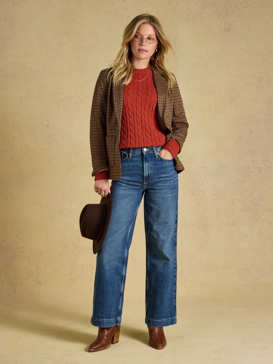 Burnt Orange Classic Crew Neck Cotton Cable Knit Jumper - RUTHERFORD & Co