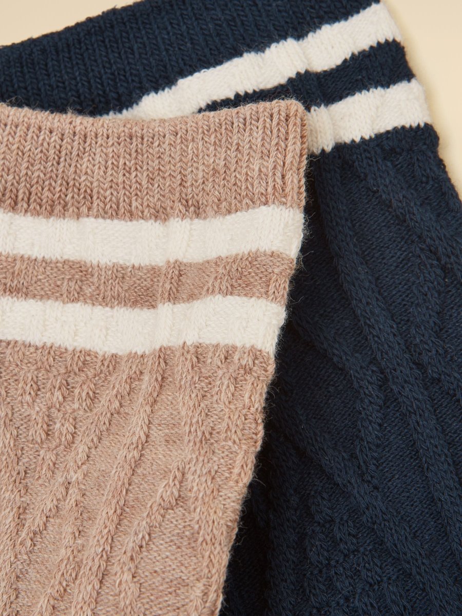Cable Knit Oat & Navy Tennis Socks 2-Pack - RUTHERFORD & Co