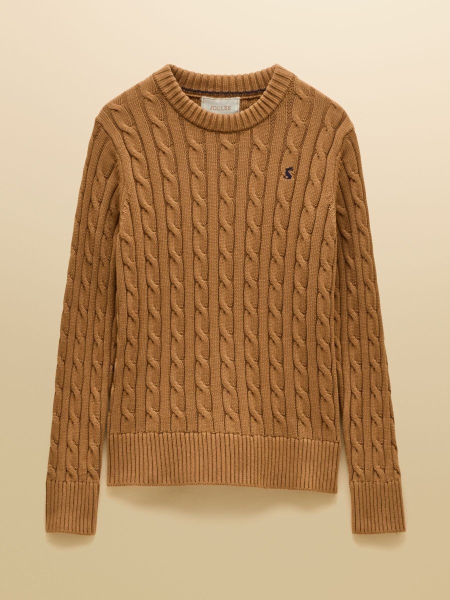 Camel Classic Crew Neck Cotton Cable Knit Jumper - RUTHERFORD & Co