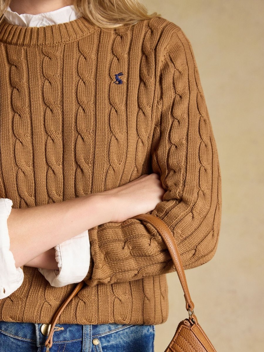 Camel Classic Crew Neck Cotton Cable Knit Jumper - RUTHERFORD & Co