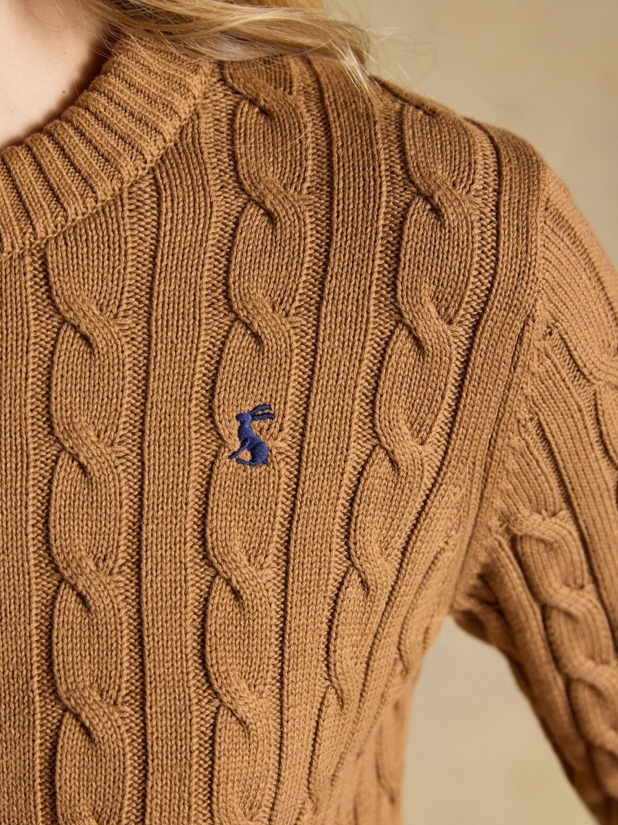 Camel Classic Crew Neck Cotton Cable Knit Jumper - RUTHERFORD & Co