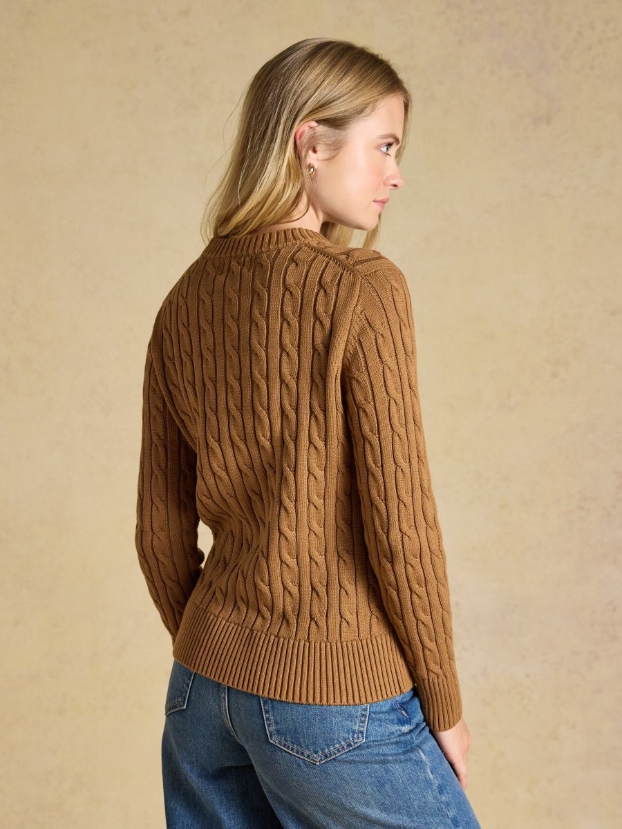 Camel Classic Crew Neck Cotton Cable Knit Jumper - RUTHERFORD & Co