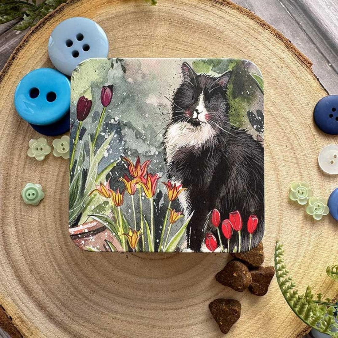 Cat and Tulips Square Tin - RUTHERFORD & Co