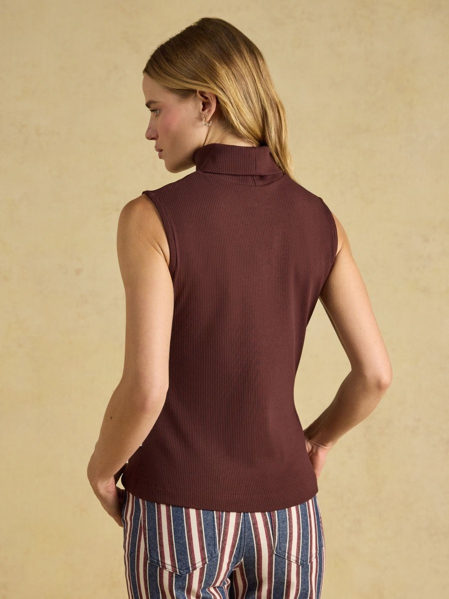 Celia Ribbed Cotton Rich Sleeveless Roll Neck - Chocolate Brown - RUTHERFORD & Co