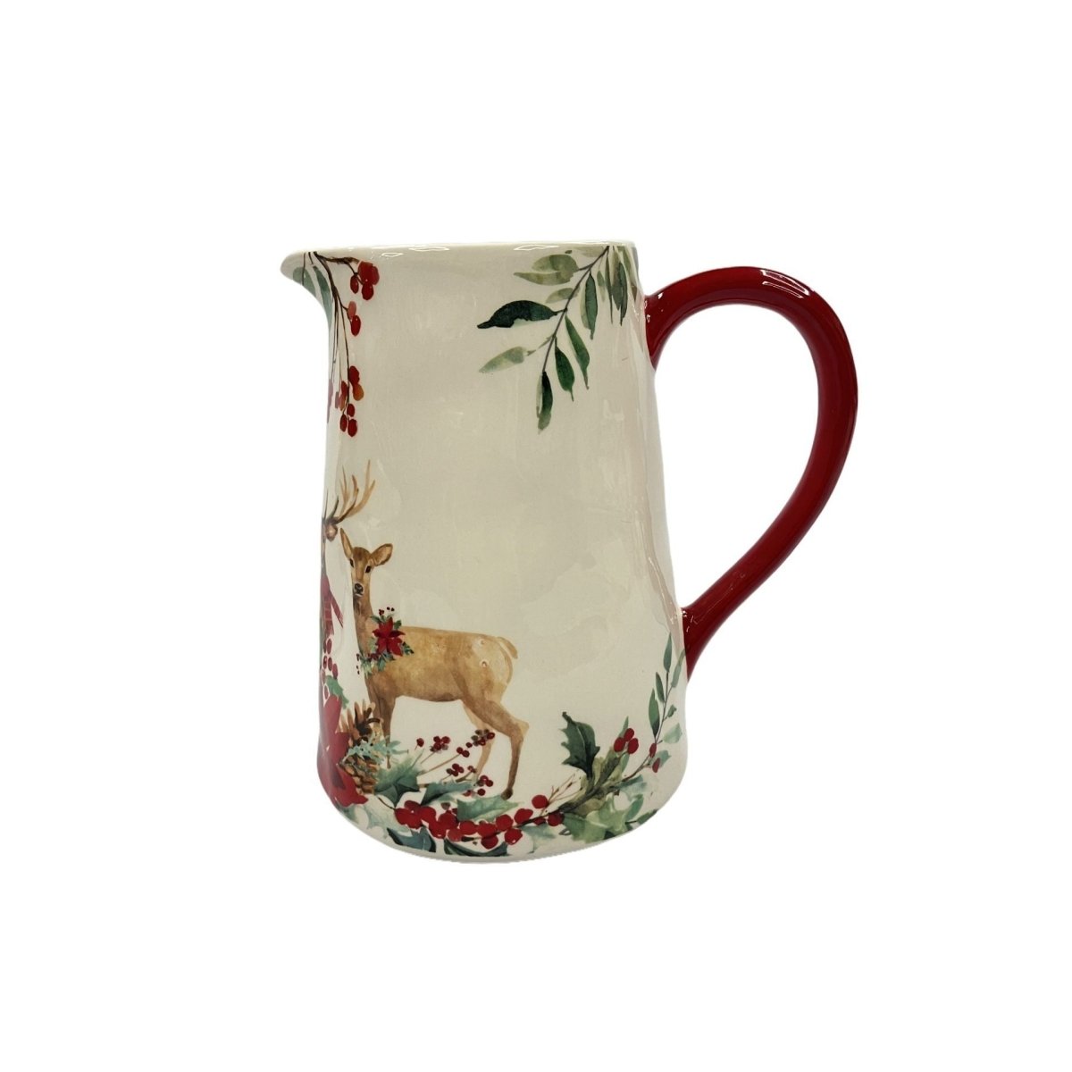 Ceramic Natural Effect Jug with Red Handle and Deer in Foliage Pattern 20cm - RUTHERFORD & Co