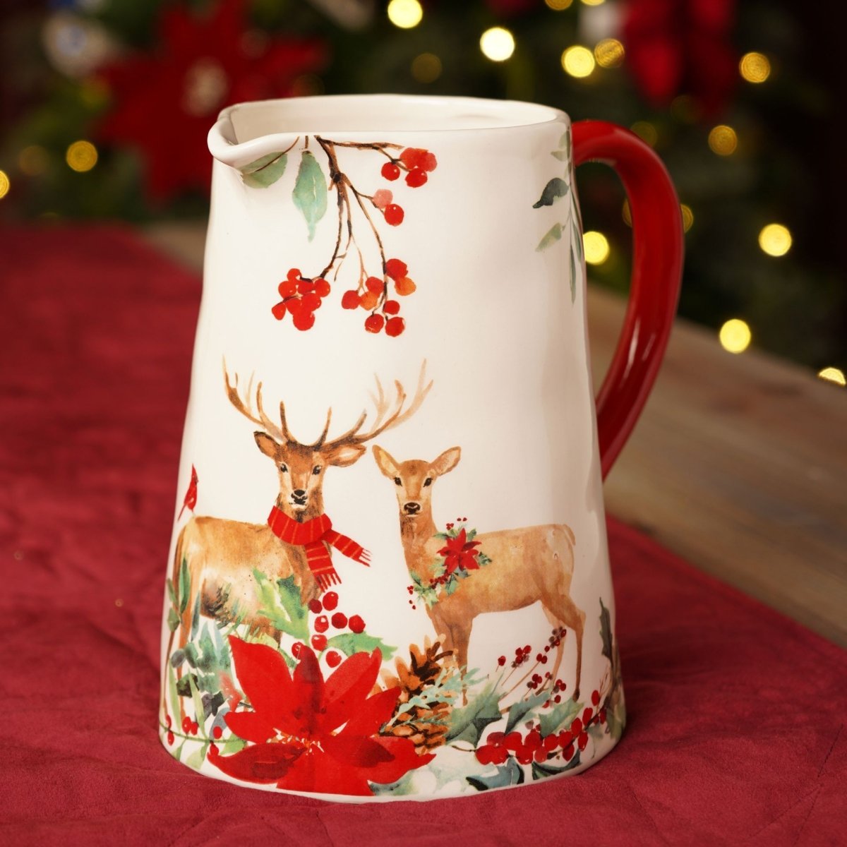 Ceramic Natural Effect Jug with Red Handle and Deer in Foliage Pattern 20cm - RUTHERFORD & Co