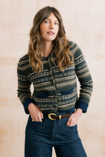 Chestnut Knitted Fair Isle Jacket Olive - RUTHERFORD & Co