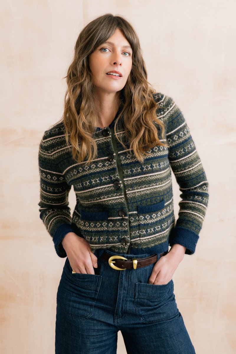 Chestnut Knitted Fair Isle Jacket Olive - RUTHERFORD & Co