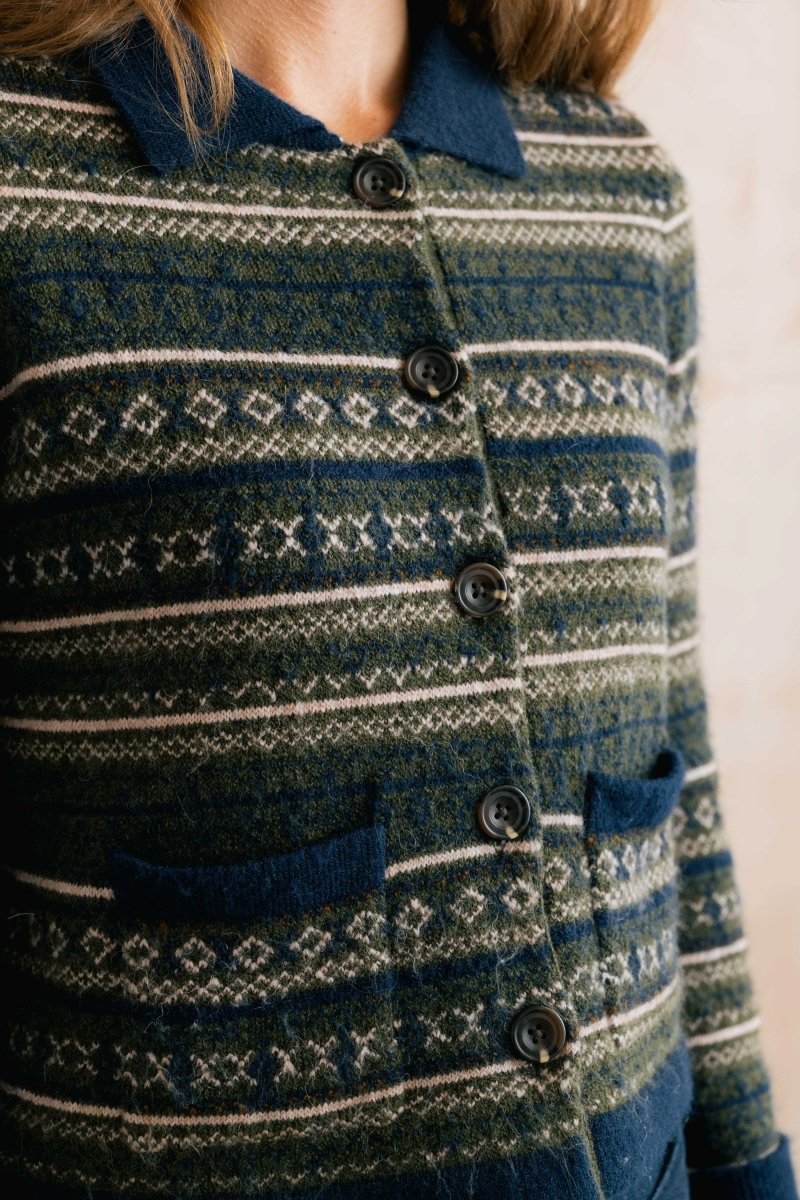 Chestnut Knitted Fair Isle Jacket Olive - RUTHERFORD & Co
