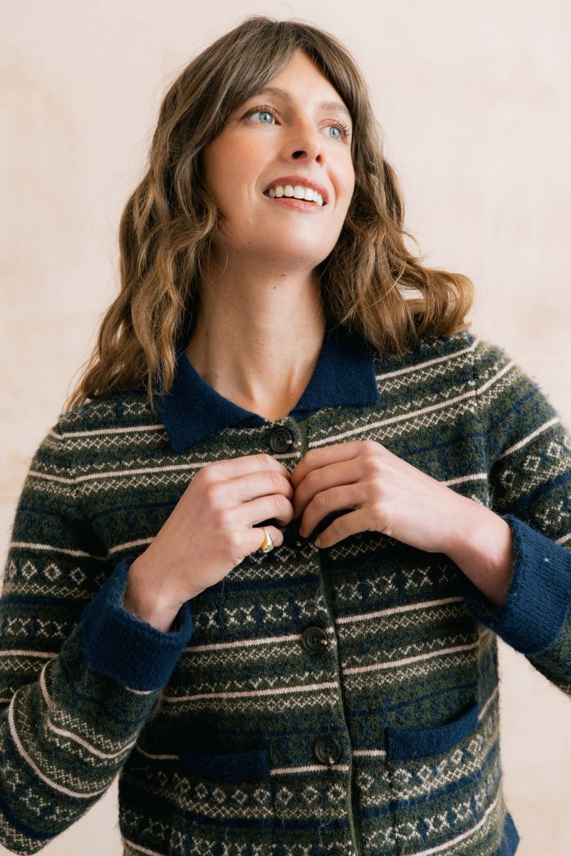 Chestnut Knitted Fair Isle Jacket Olive - RUTHERFORD & Co