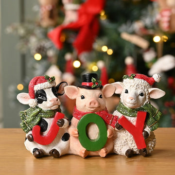 Christmas Cow, Pig & Sheep Figurine Holding Joy - RUTHERFORD & Co