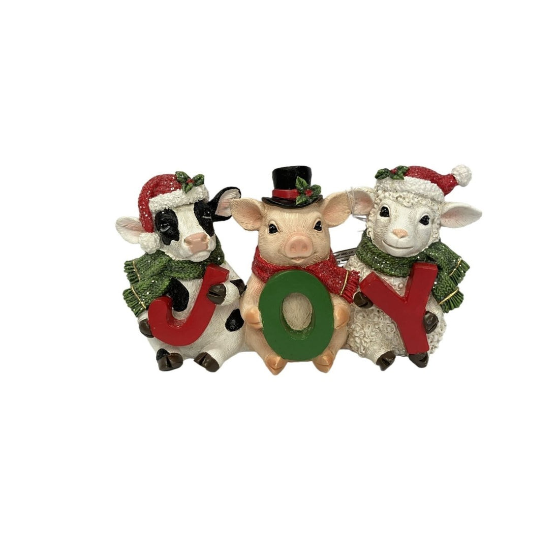 Christmas Cow, Pig & Sheep Figurine Holding Joy - RUTHERFORD & Co