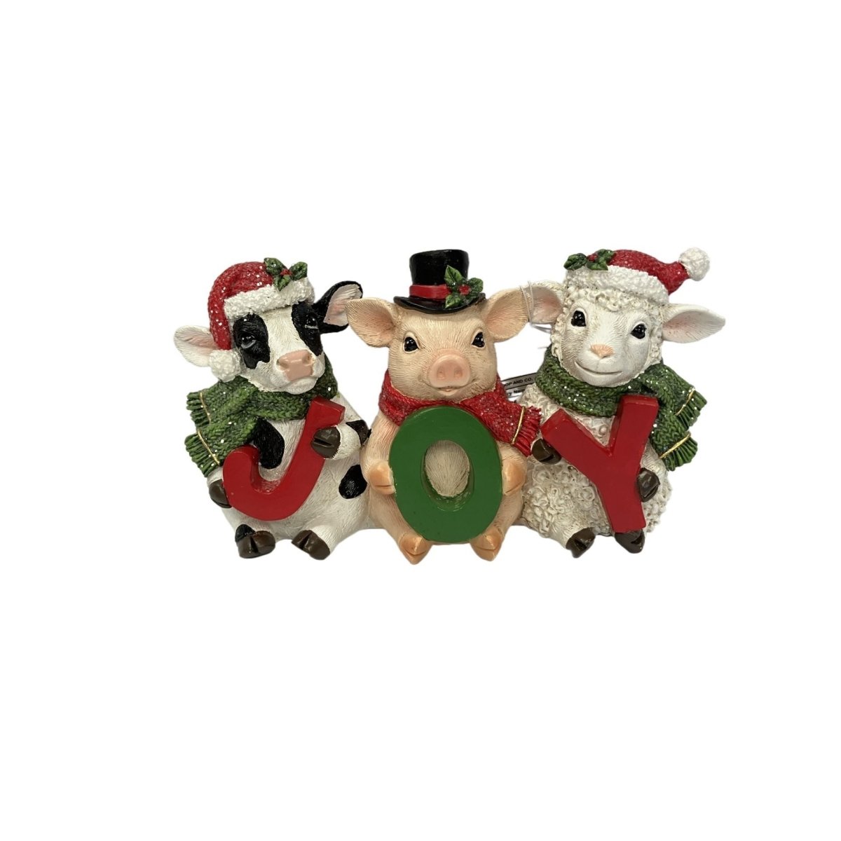Christmas Cow, Pig & Sheep Figurine Holding Joy - RUTHERFORD & Co