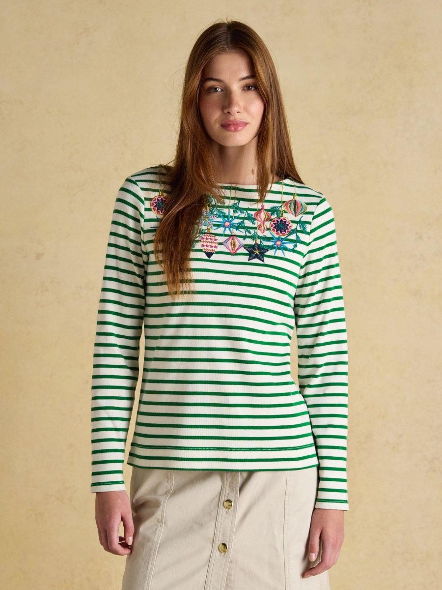 Christmas Harbour Green/White Bauble Boat Neck Breton Top - RUTHERFORD & Co