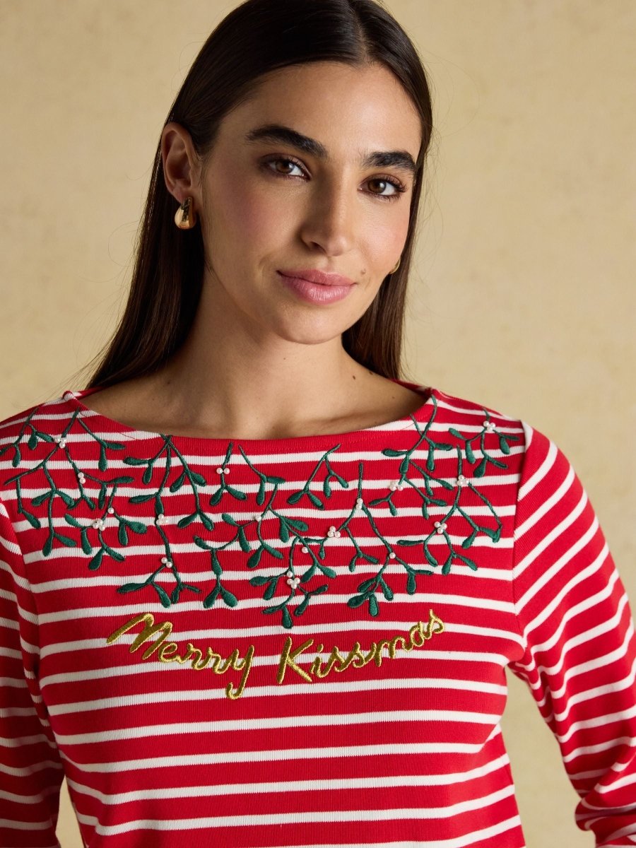 Christmas Harbour Merry Kissmas Red/Cream Boat Neck Breton Top - RUTHERFORD & Co