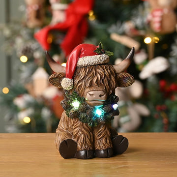 Christmas Highland Cow with LED Lights 14cm - RUTHERFORD & Co