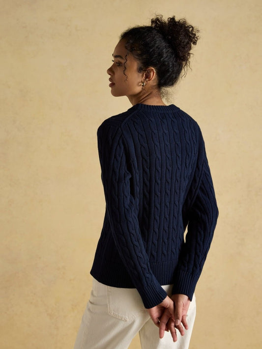 Classic Cable Navy Cotton Crew Neck Jumper - RUTHERFORD & Co