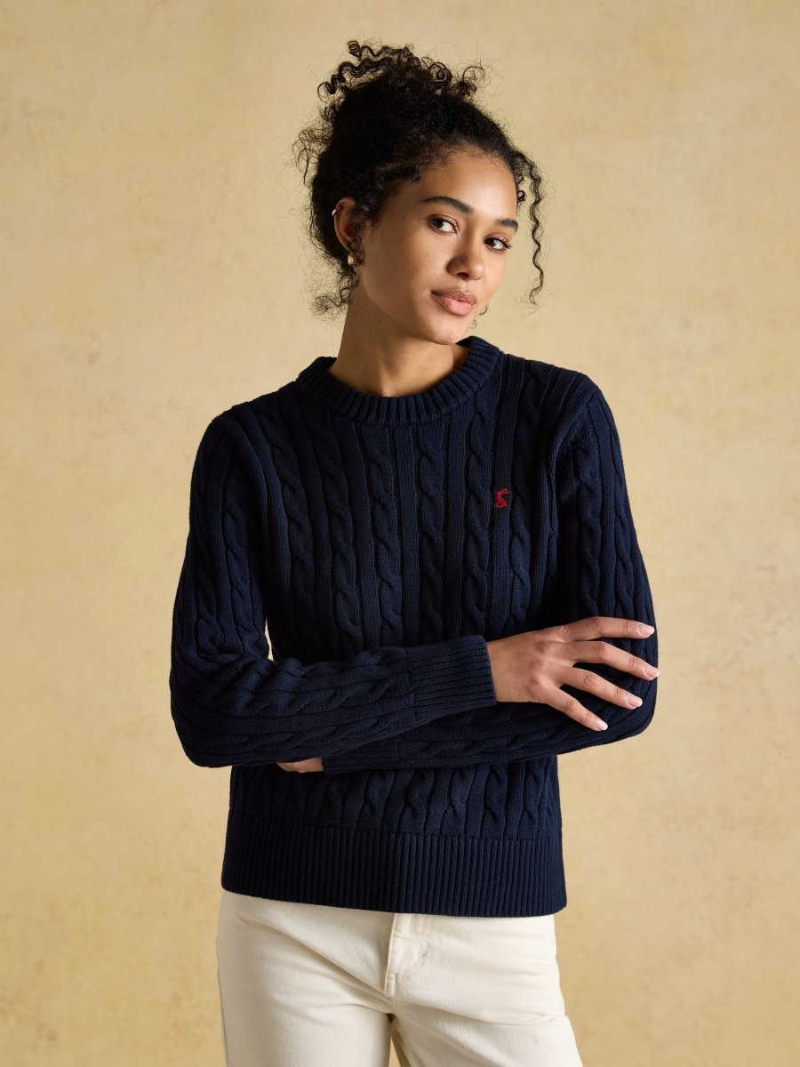 Classic Cable Navy Cotton Crew Neck Jumper - RUTHERFORD & Co