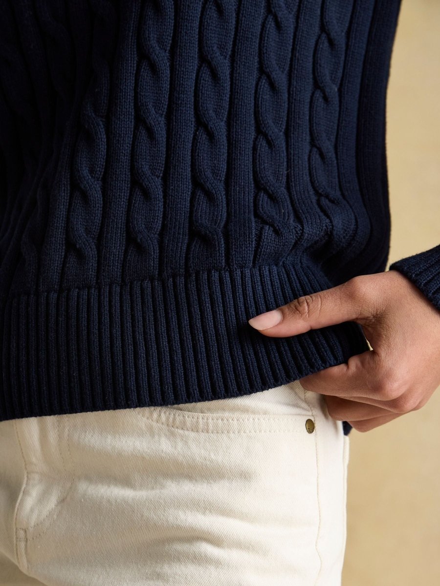 Classic Cable Navy Cotton Crew Neck Jumper - RUTHERFORD & Co