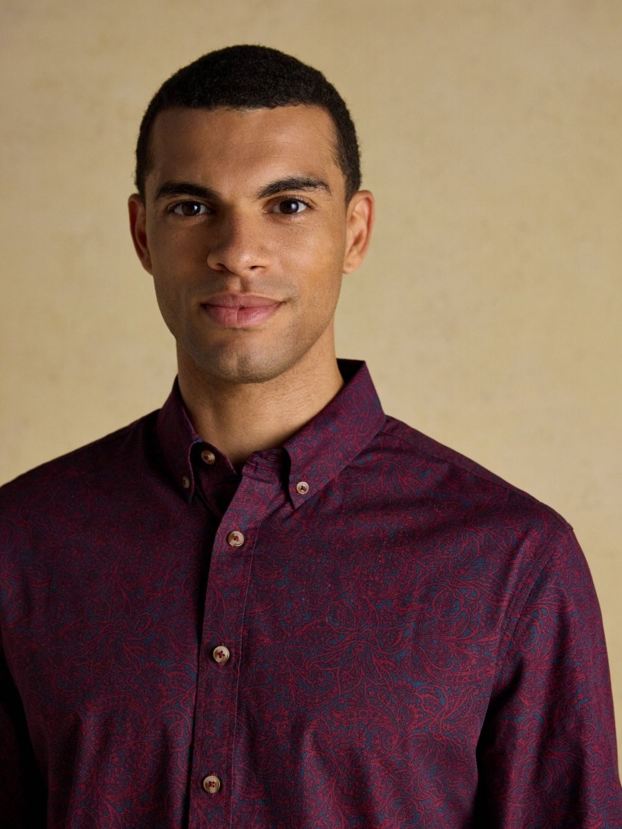 Classic Fit Burgundy Cotton Printed Shirt - RUTHERFORD & Co
