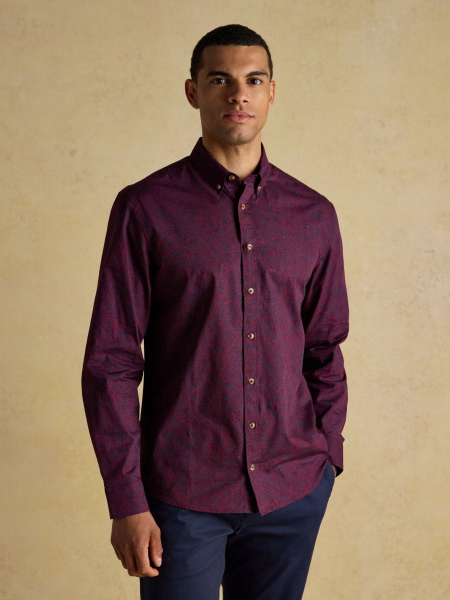 Classic Fit Burgundy Cotton Printed Shirt - RUTHERFORD & Co