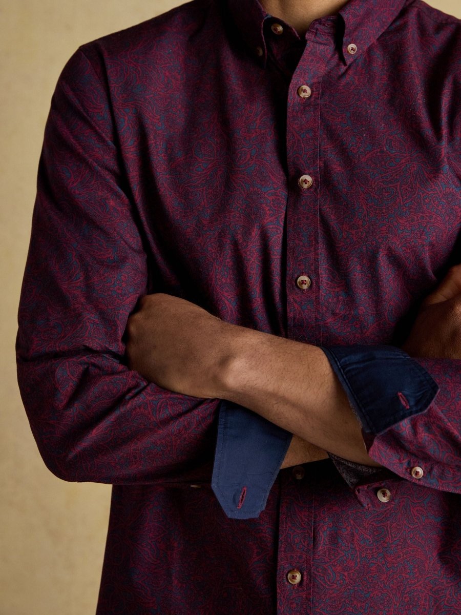 Classic Fit Burgundy Cotton Printed Shirt - RUTHERFORD & Co