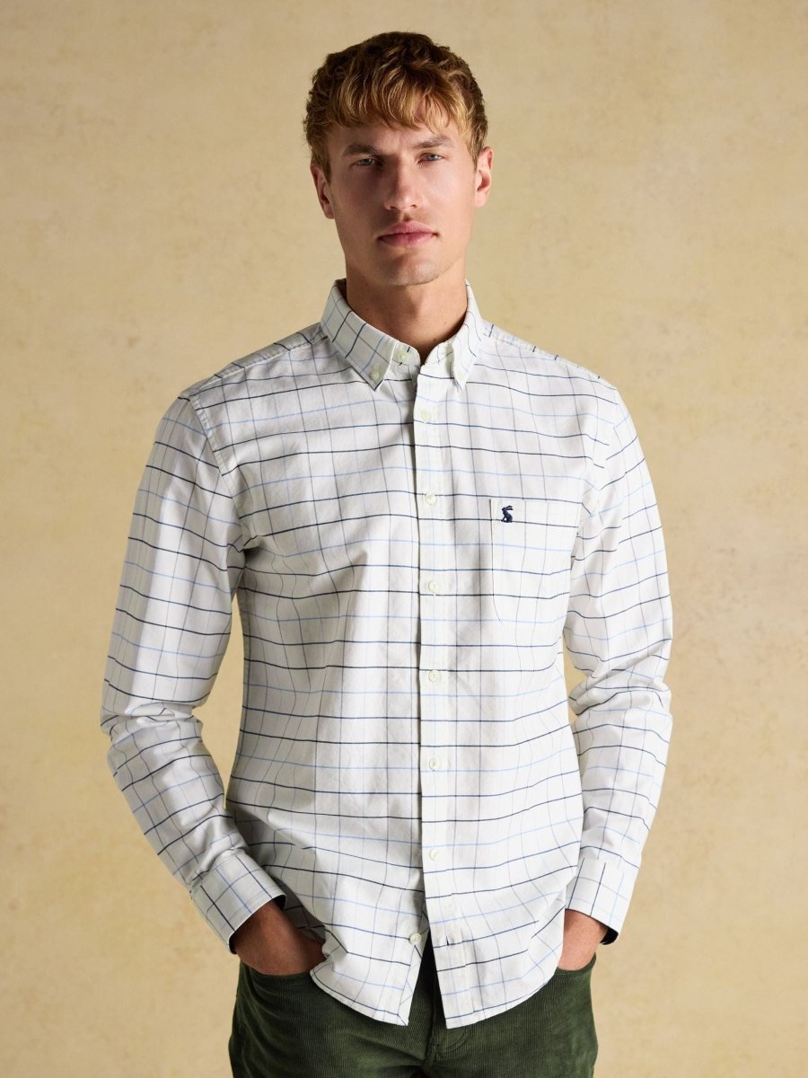 Classic Fit White Blue Checked Cotton Oxford Shirt - RUTHERFORD & Co