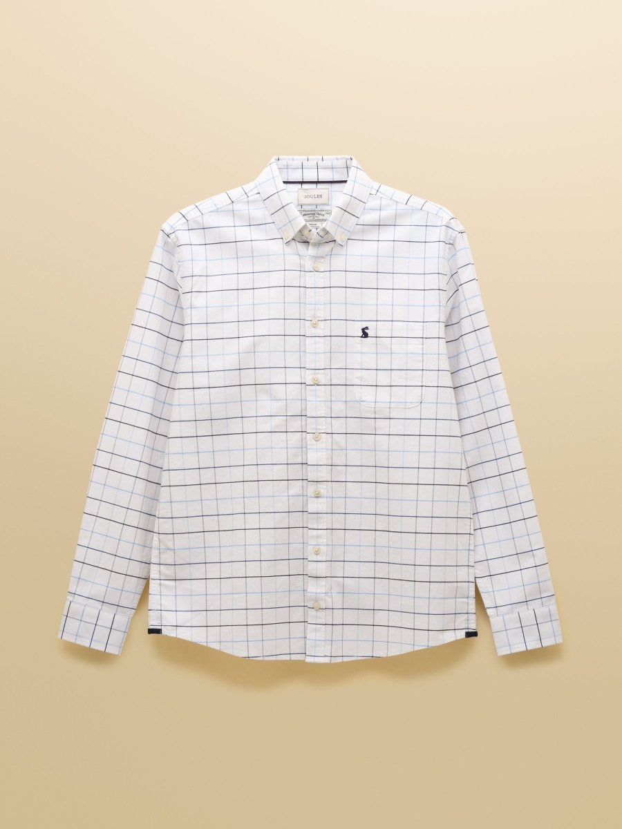 Classic Fit White Blue Checked Cotton Oxford Shirt - RUTHERFORD & Co
