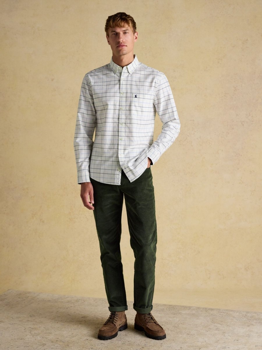 Classic Fit White Blue Checked Cotton Oxford Shirt - RUTHERFORD & Co