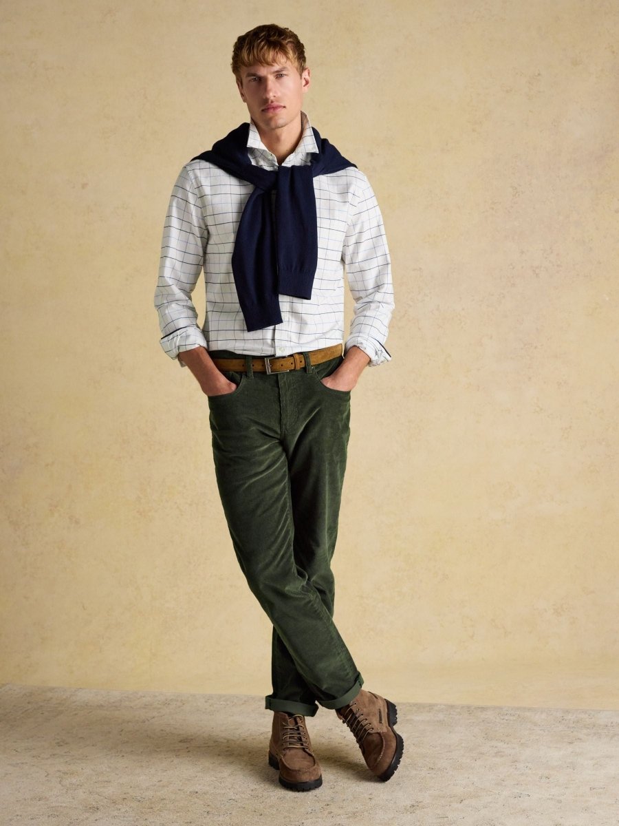 Classic Fit White Blue Checked Cotton Oxford Shirt - RUTHERFORD & Co