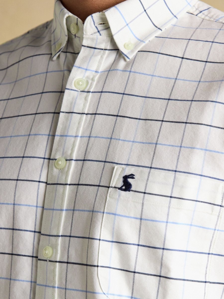 Classic Fit White Blue Checked Cotton Oxford Shirt - RUTHERFORD & Co