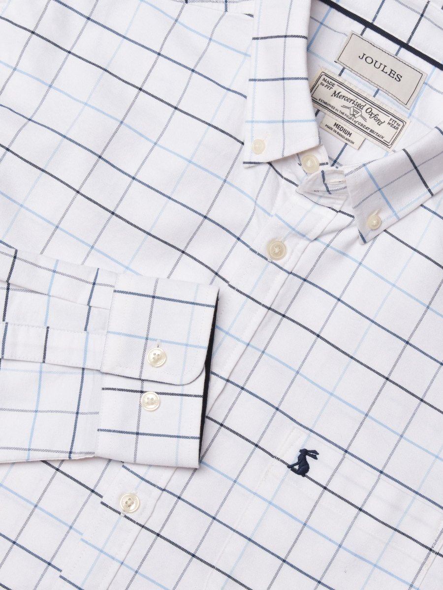 Classic Fit White Blue Checked Cotton Oxford Shirt - RUTHERFORD & Co
