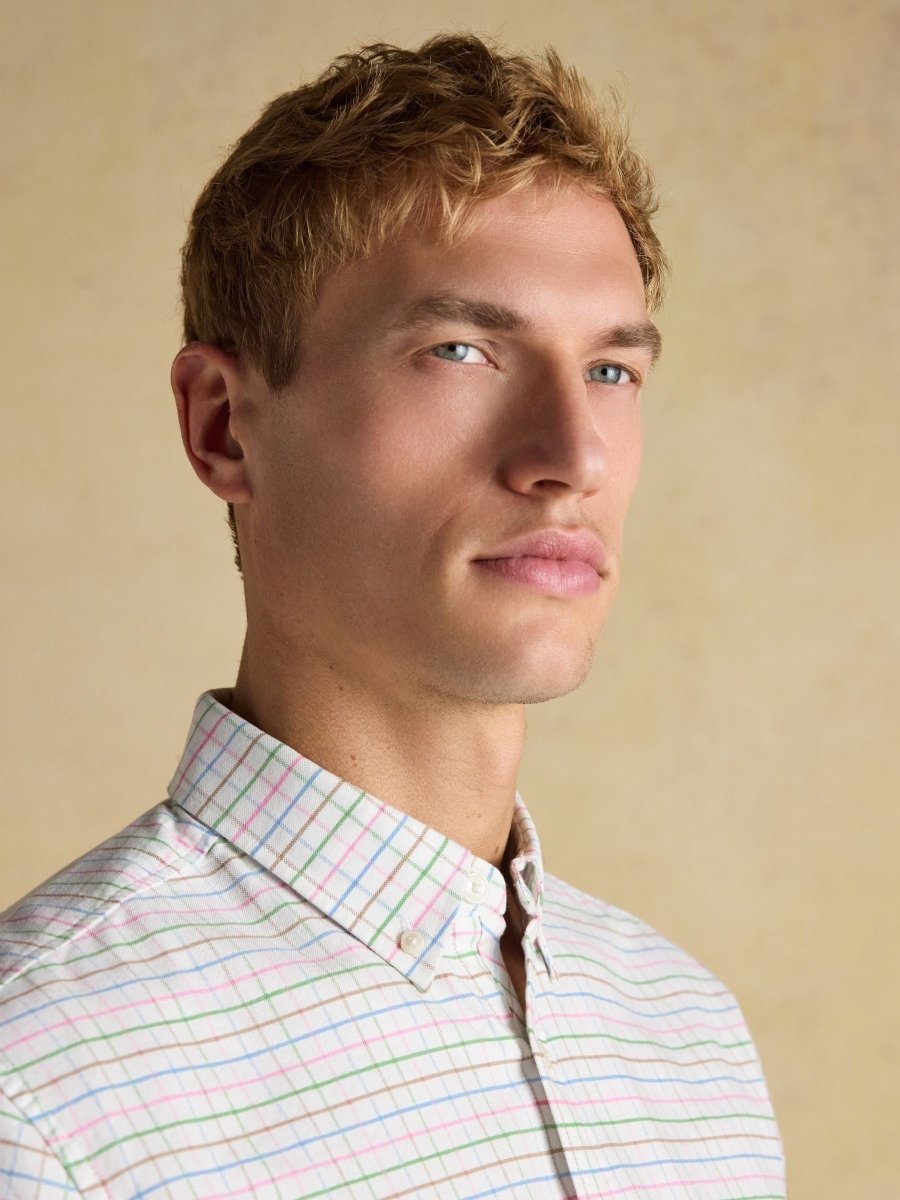 Classic Fit White Checked Cotton Oxford Shirt - RUTHERFORD & Co