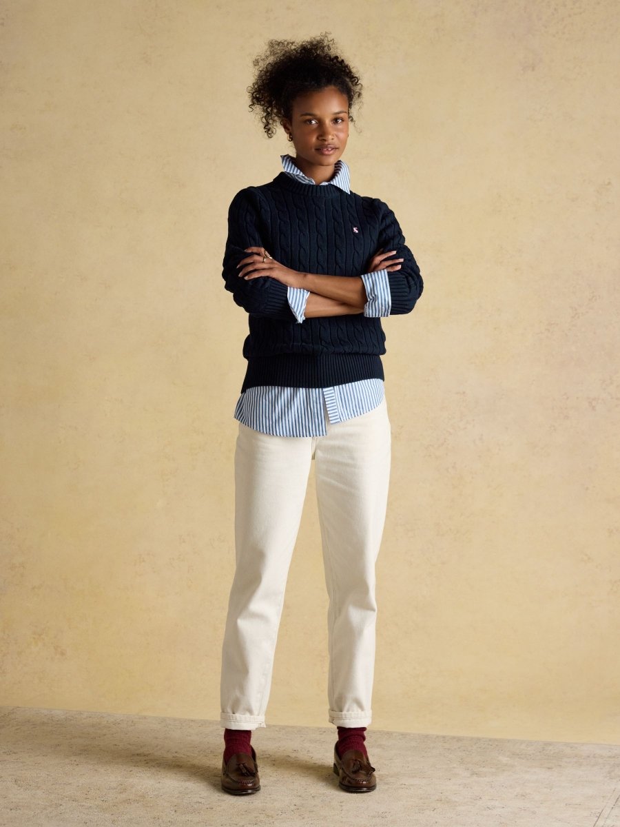 Classic Navy Crew Neck Cotton Cable Knit Jumper - RUTHERFORD & Co