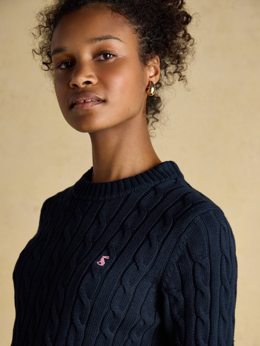 Classic Navy Crew Neck Cotton Cable Knit Jumper - RUTHERFORD & Co