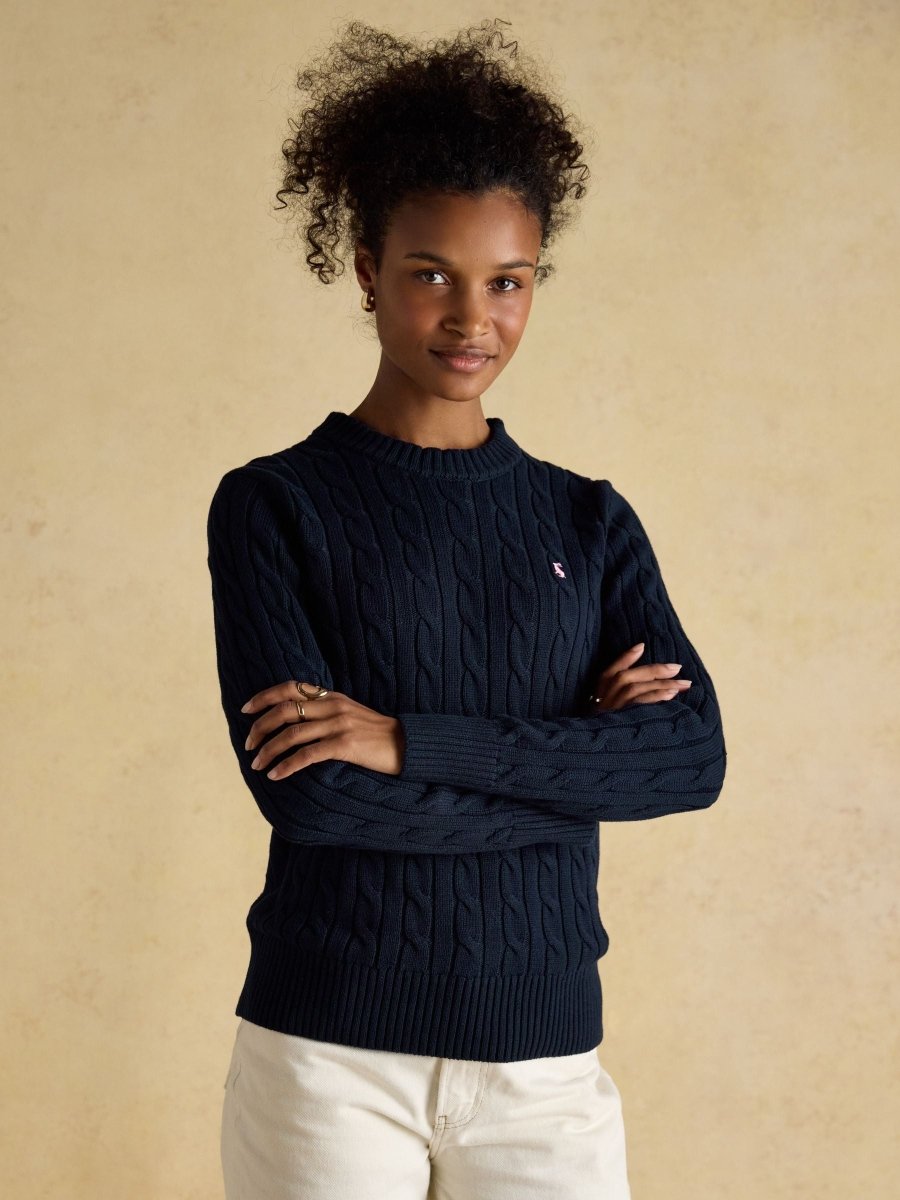 Classic Navy Crew Neck Cotton Cable Knit Jumper - RUTHERFORD & Co