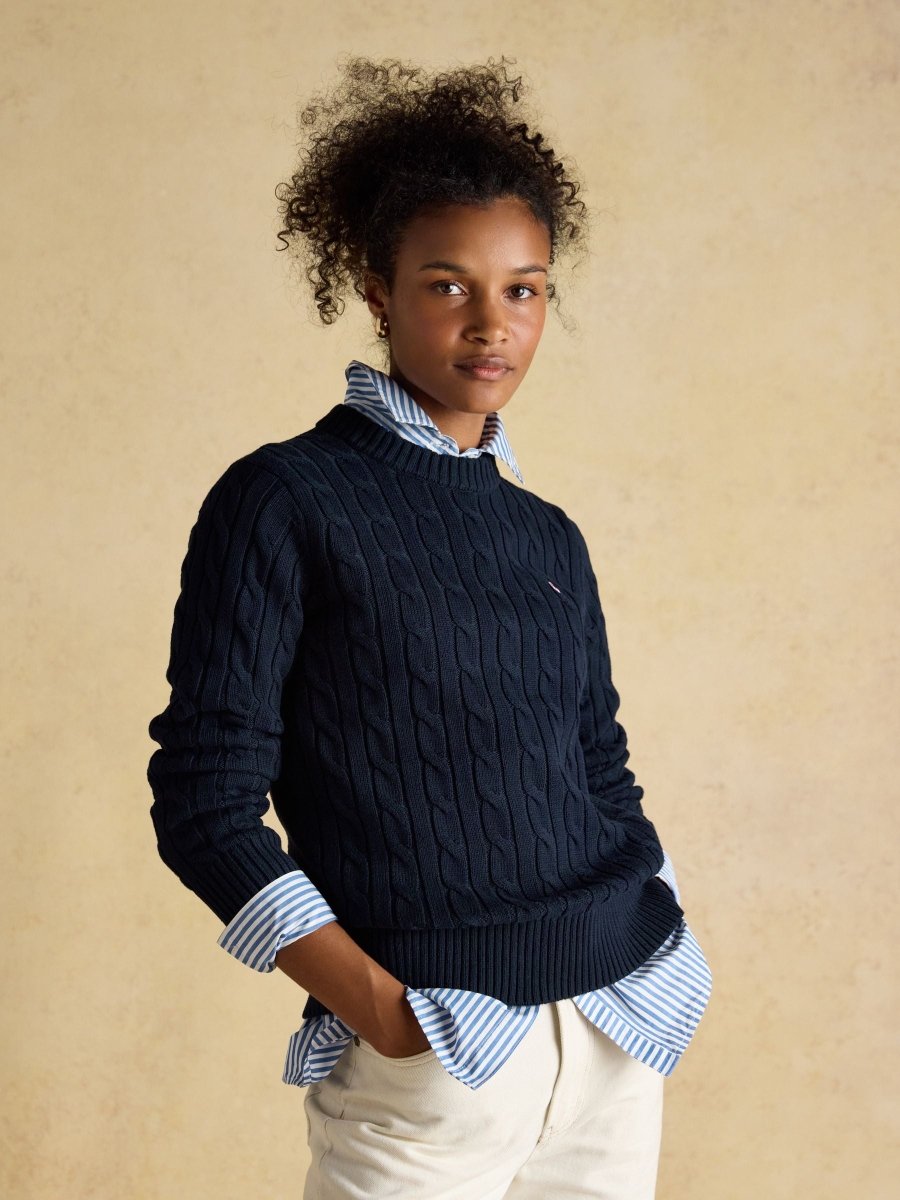 Classic Navy Crew Neck Cotton Cable Knit Jumper - RUTHERFORD & Co