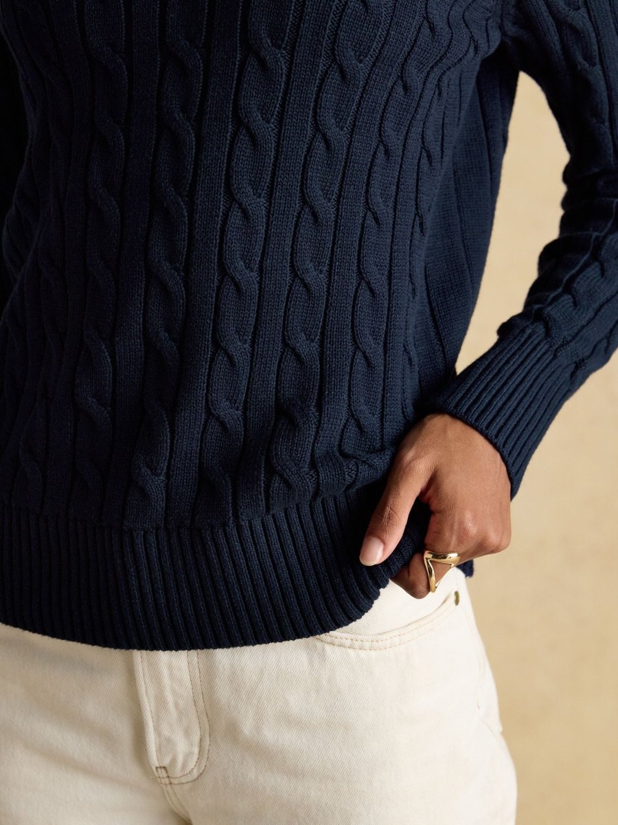 Classic Navy Crew Neck Cotton Cable Knit Jumper - RUTHERFORD & Co