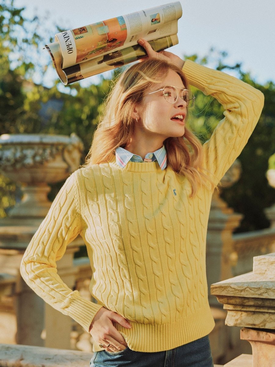 Classic Yellow Crew Neck Cotton Cable Knit Jumper - RUTHERFORD & Co
