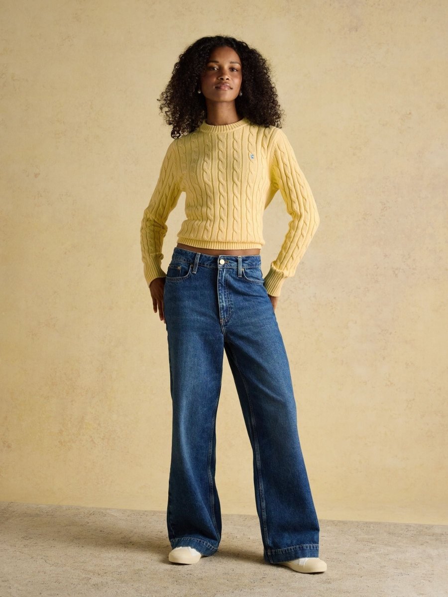 Classic Yellow Crew Neck Cotton Cable Knit Jumper - RUTHERFORD & Co