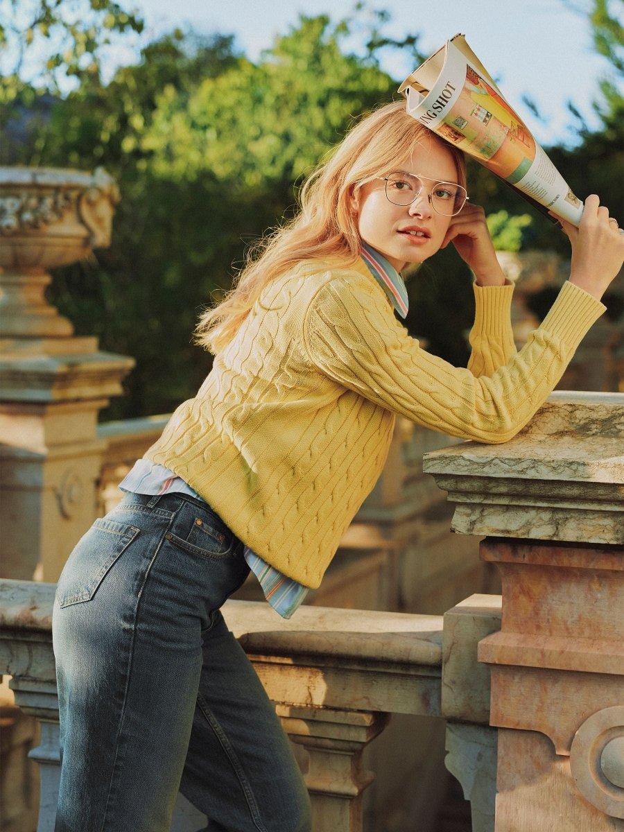 Classic Yellow Crew Neck Cotton Cable Knit Jumper - RUTHERFORD & Co